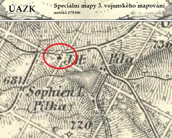 Mapa z roku 1894 a označení hájovny